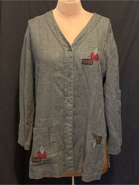 J. Jill 100% Linen V-Neck Patchwork Embroidered Button-Front Jacket | Slub Linen